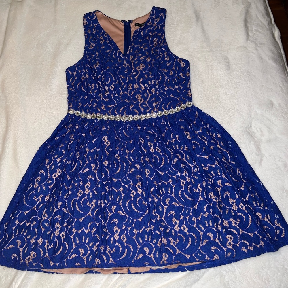Blue lace mini dress.
